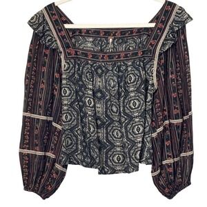 NEW Free‎ People Cropped Peasant Blouse Top Black Cream Red Geometric Boho XS